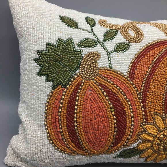 Autumn Hill Beaded Orange Pumpkin Sunflower Pillow Fall Thanksgiving Decor NEW - Picture 2 of 6